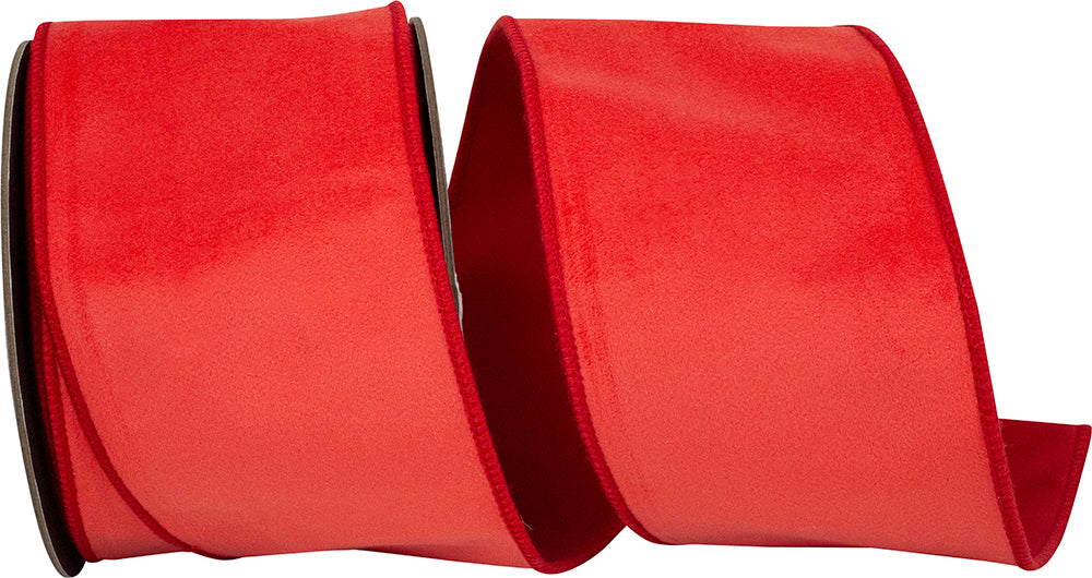 Red wired edge ribbon with velvet touch backing in a rectangular shape.
