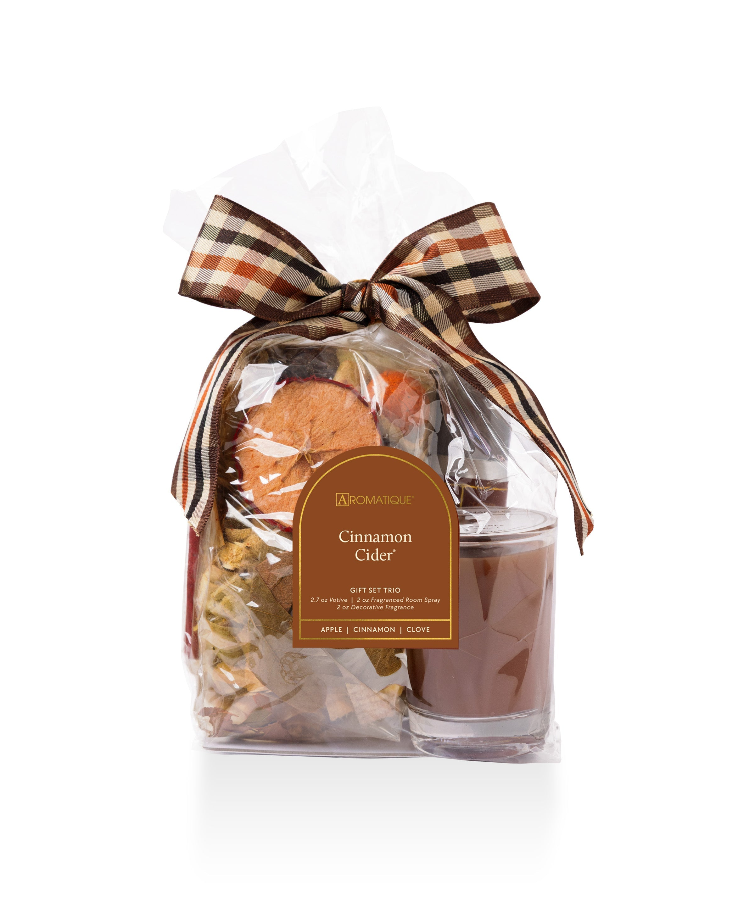 Cinnamon Cider Gift Set Trio with a votive candle, room spray, and potpourri in a tied ribbon bag.