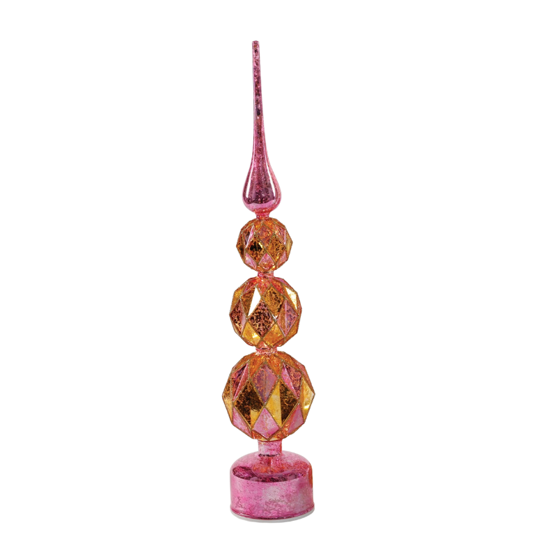 Revolving lit glass tree in pink and gold with three faceted spheres and a pointed top.