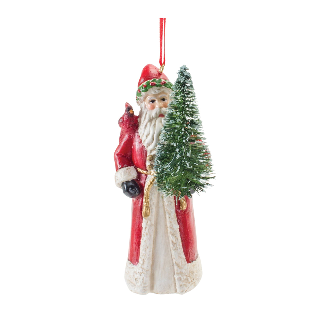 4.5-inch Santa Claus ornament with a red cardinal perched nearby.