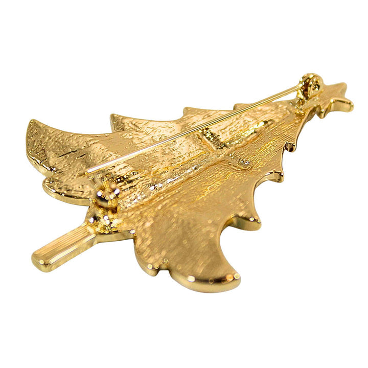 Red enamel Christmas tree pin with gold cross detail on a silver-tone post.