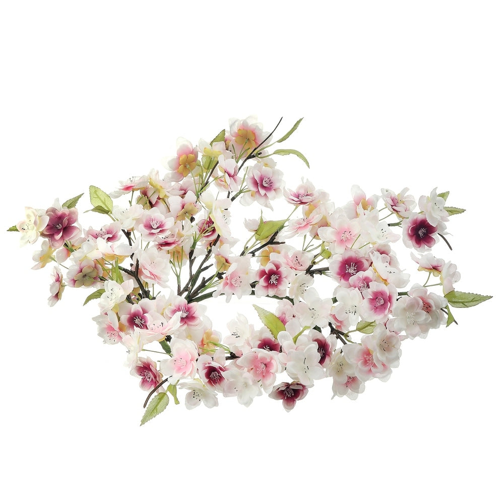Round cherry blossom wreath with lifelike pink blooms on a polyester base.