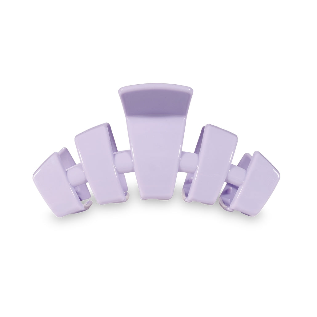 Large lavender purple classic hair claw clip with five wide teeth on a white background.