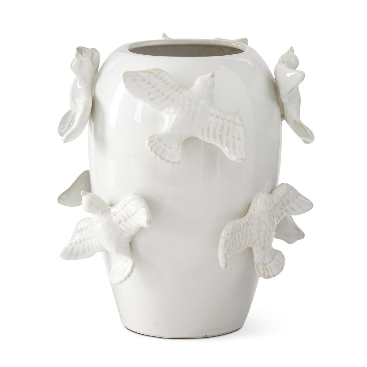 White ceramic vase with an eight-inch-tall three-dimensional bird perched on the rim.