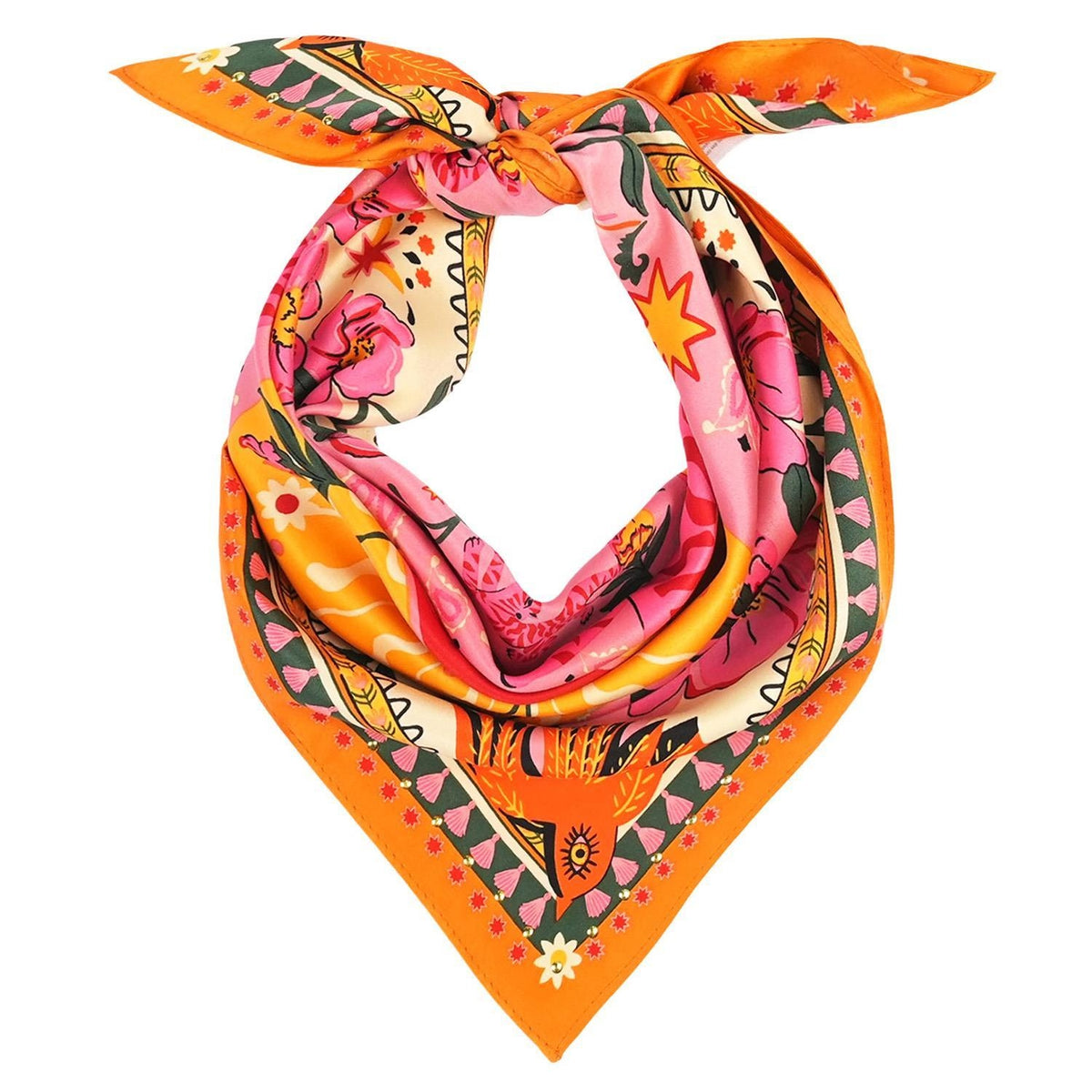 Bandidas Rose Mini Scarf featuring a vibrant floral and graphic print in pink, orange, and green.