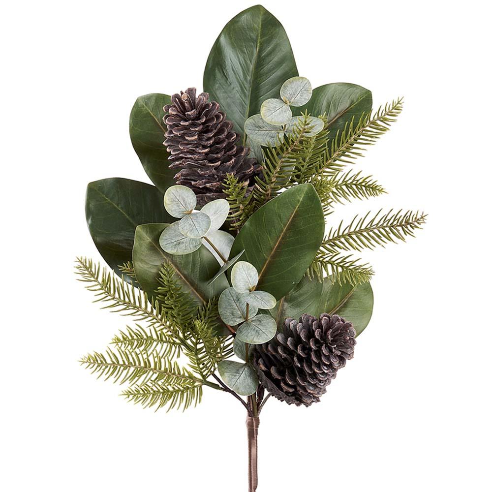 Iced pine cone, holly, and pine pick with green leaves and brown pine cones on a single stem.