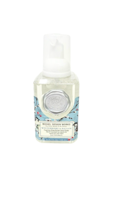 Michel Design Works Winterberry & Balsam mini foaming shea butter hand soap in a clear pump bottle.