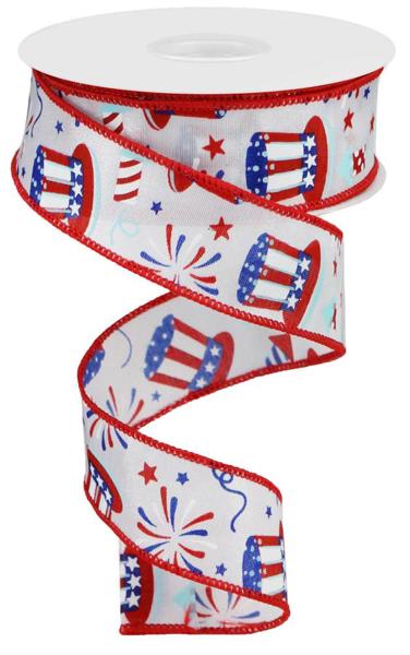 White, red, and blue Uncle Sam themed ribbon made of nylon polyester blend.