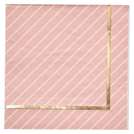 Blush pink cocktail napkin with white diagonal stripes and a gold foil border.