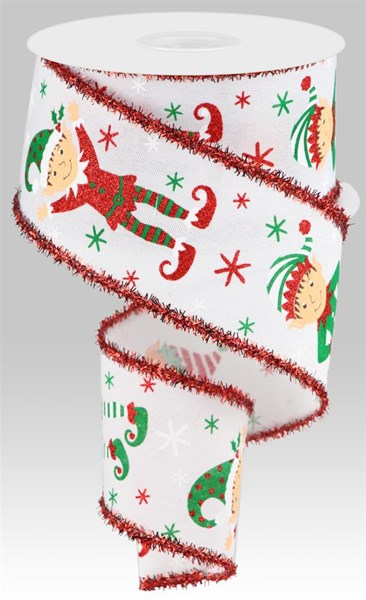 White ribbon with elf illustrations, green and red snowflakes, and red tinsel edges.