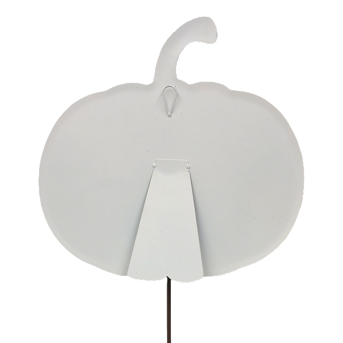 Back view of a white metal pumpkin decoration with a hanging loop, easel stand, and ground stake.