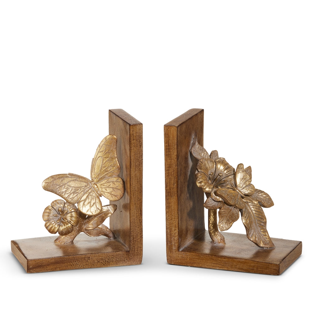 Set of two natural stone powder butterfly bookends on a branch, measuring 6 inches tall.