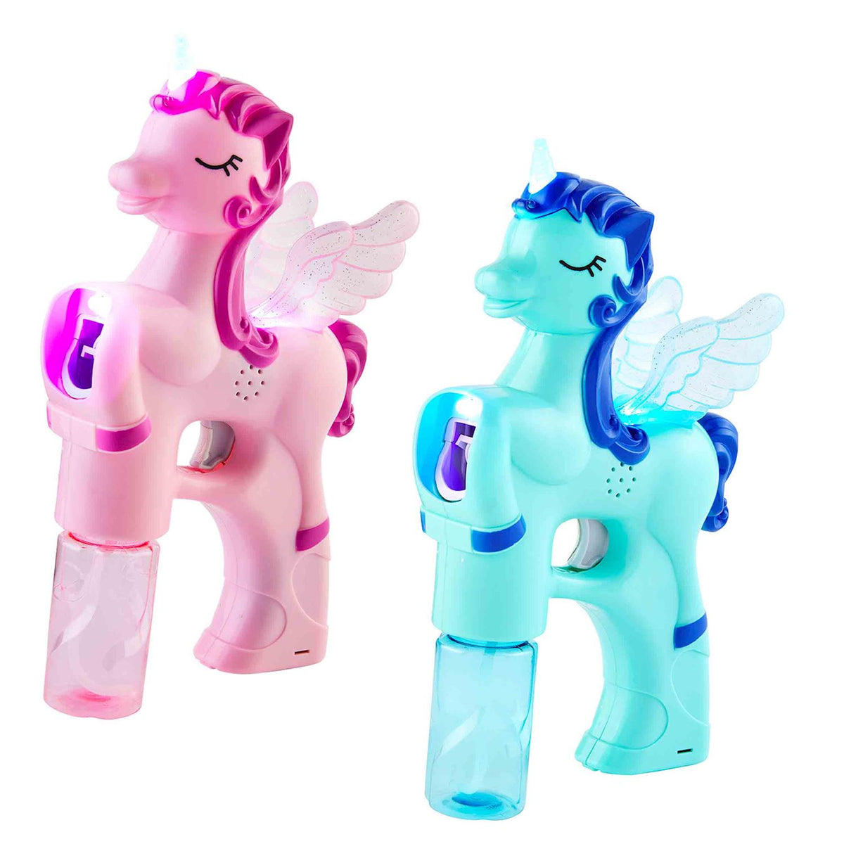 Plastic unicorn bubble maker with a horn-shaped wand.