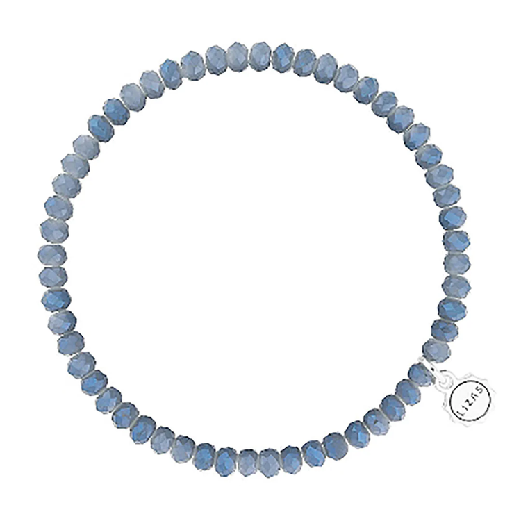 Lizas Quadro Big crystal stretch bracelet in light blue with a silver logo charm.