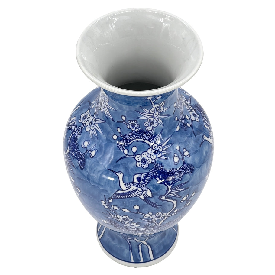 14" Blue & White Crane & Flowers Chinoiserie Ceramic Vase
