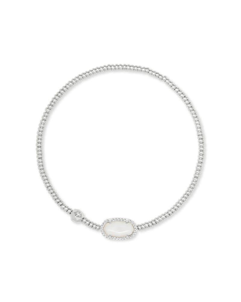Grayson Stretch Silver Bracelet featuring a white oval stone station and silver beaded band.