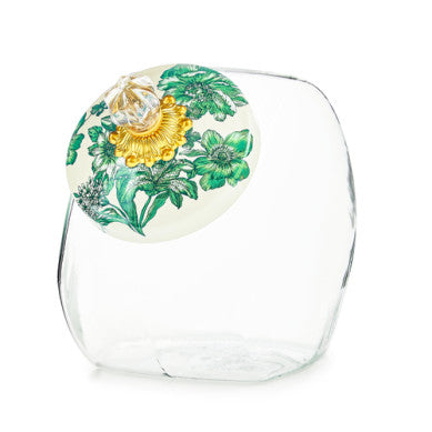 Glass cookie jar with emerald green English Garden lid featuring brass knob