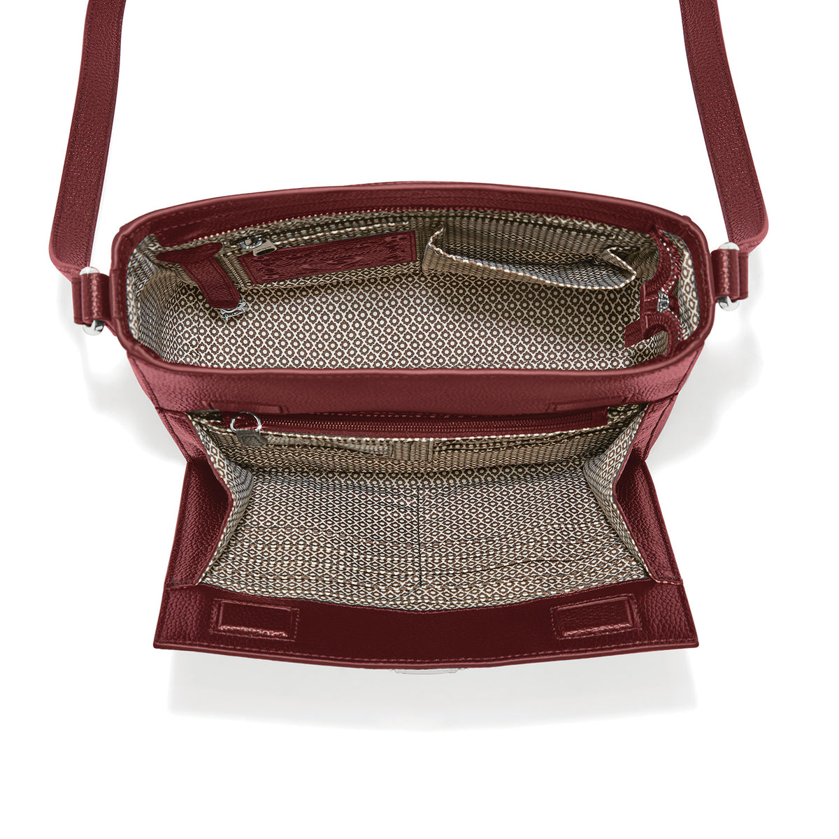 Garnet leather Clayton organizer bag with adjustable strap, zip top closure, exterior pockets, and keyholder.