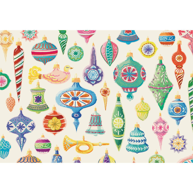 Ornaments Placemat featuring a colorful pattern of vintage-style watercolor Christmas ornaments.