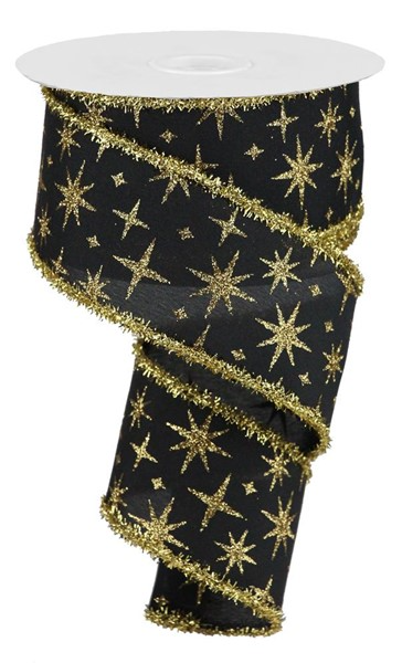 2.5 inch black polyester ribbon with gold tinsel edges and a retro gold glitter star pattern.