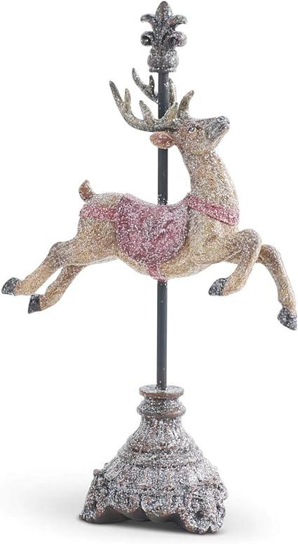 Glittered resin reindeer figurine on a finial stand with a pink saddle and fleur-de-lis topper.