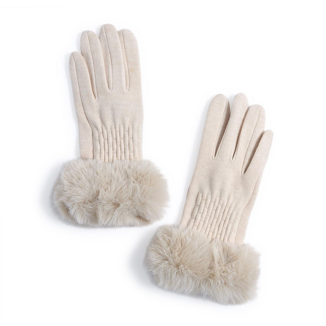 Pair of cream-colored Maison knit gloves with plush faux fur cuffs and touchscreen-compatible tips.