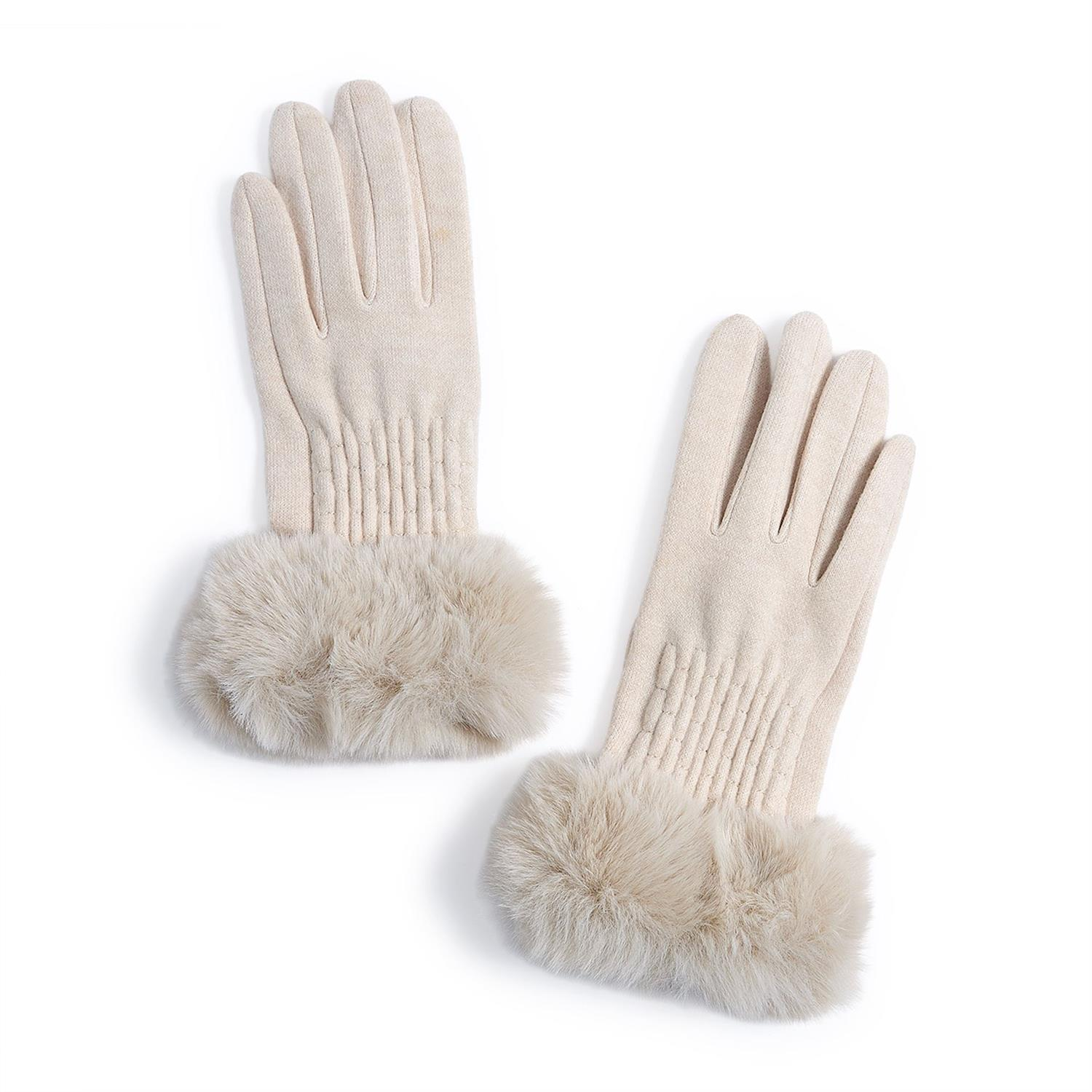 Pair of cream-colored Maison knit gloves with plush faux fur cuffs and touchscreen-compatible tips.