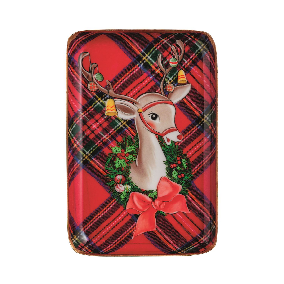 Rectangular red tartan tidbit tray featuring a vintage-style reindeer with a wreath and gold rim.
