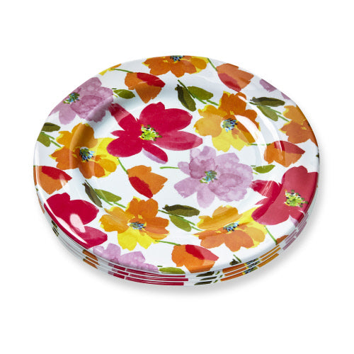 Set of four white melamine salad plates with a vibrant watercolor floral pattern in pink and orange.