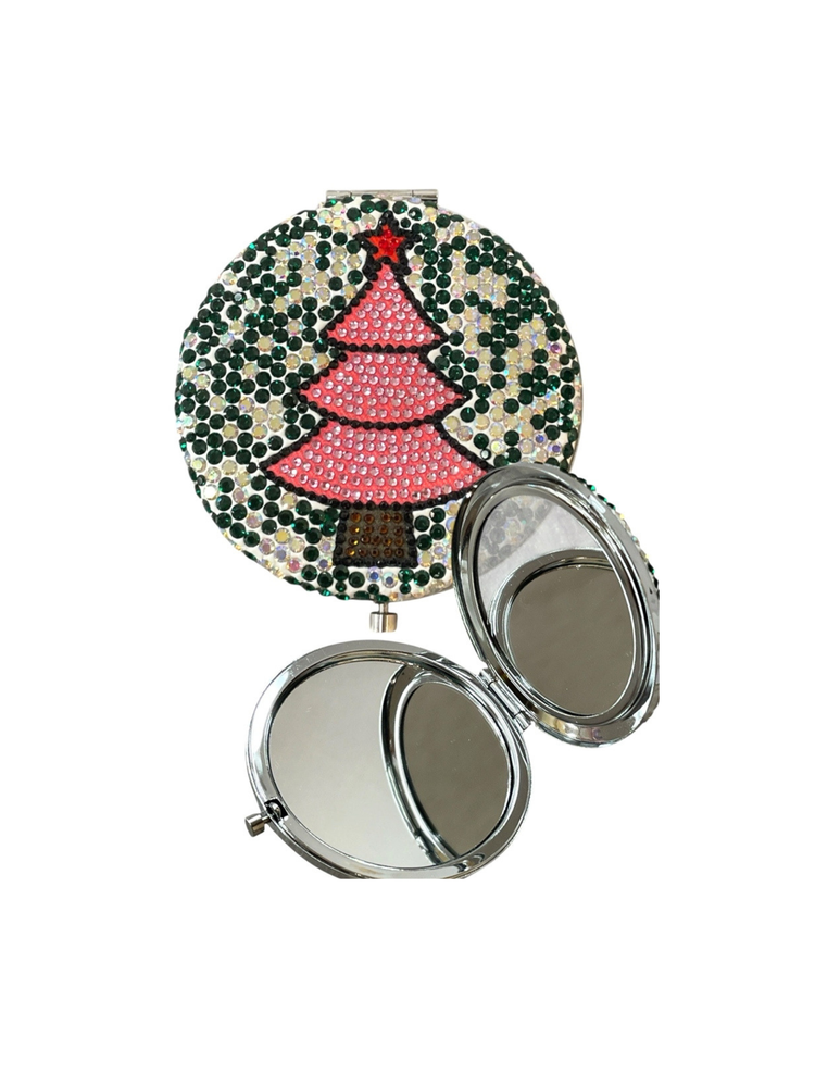 Circular rhinestone compact mirror and brush set featuring a pink Christmas tree design.