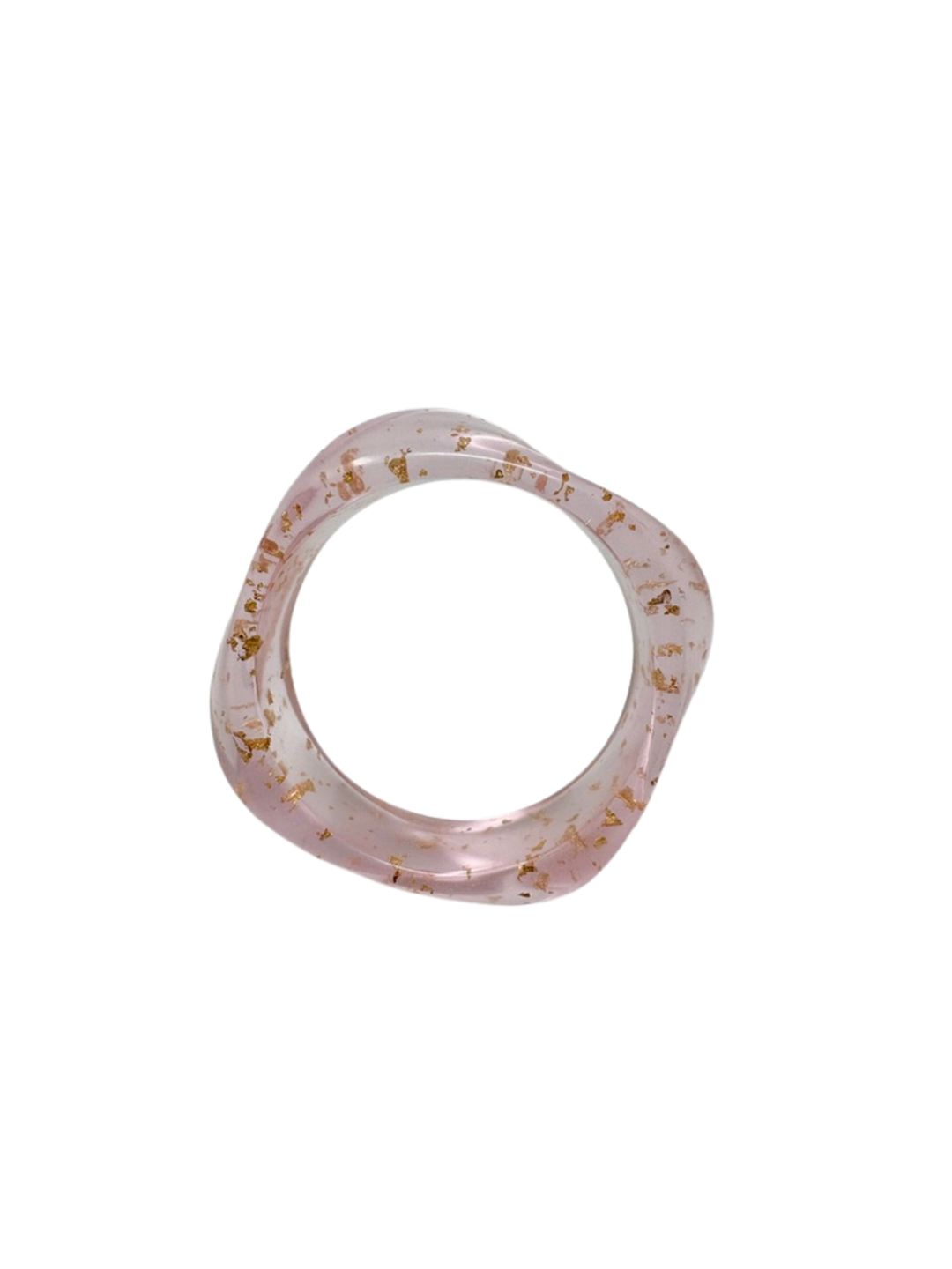Translucent pink acrylic bangle bracelet with embedded gold foil flakes.
