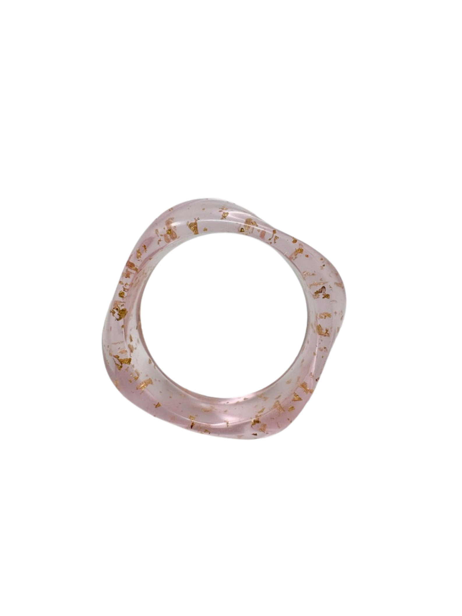 Translucent pink acrylic bangle bracelet with embedded gold foil flakes.