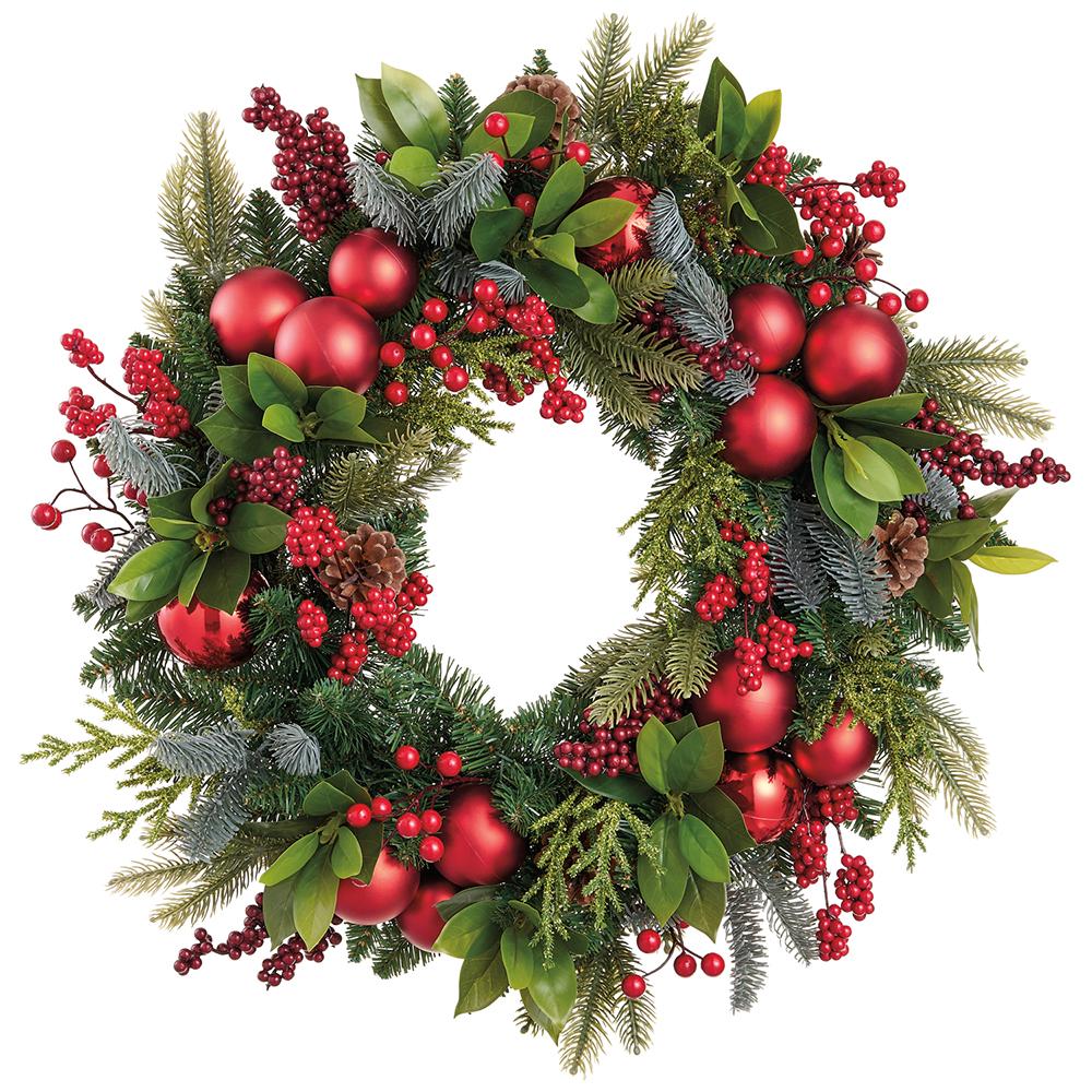 24-inch Christmas wreath with red ornament balls, red berries, pine cones, and green foliage.