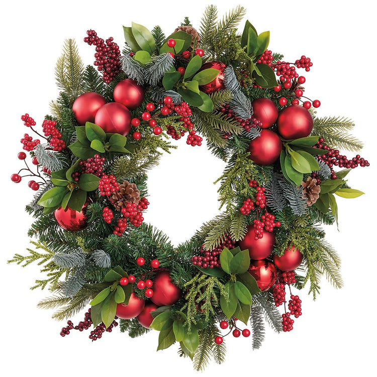 24-inch Christmas wreath with red ornament balls, red berries, pine cones, and green foliage.