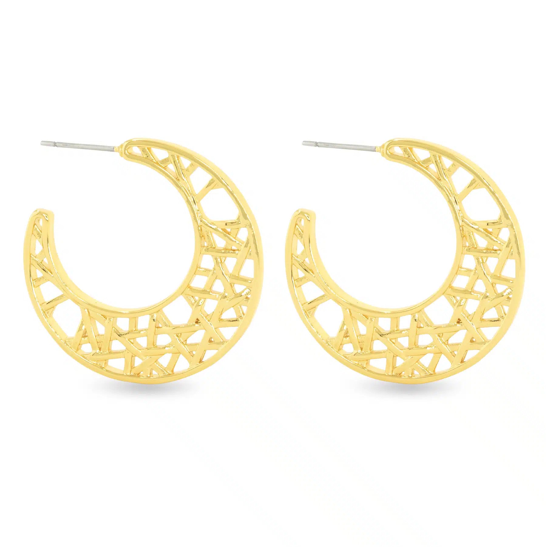 Gold Polished Penelope Earrings featuring a crescent moon shape with an intricate lattice design.