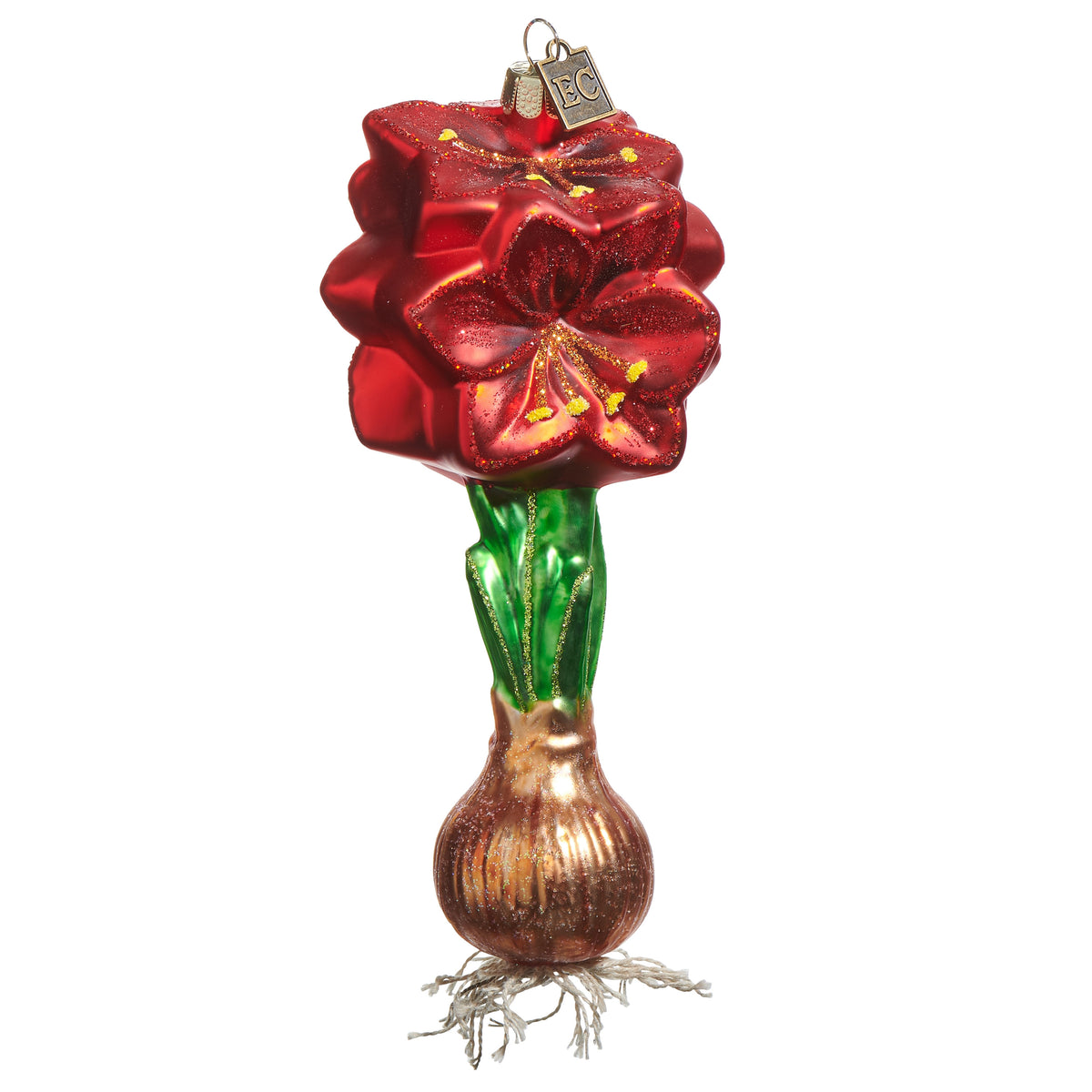 6-inch glass Christmas ornament of a red amaryllis flower blooming from a brown bulb with roots.