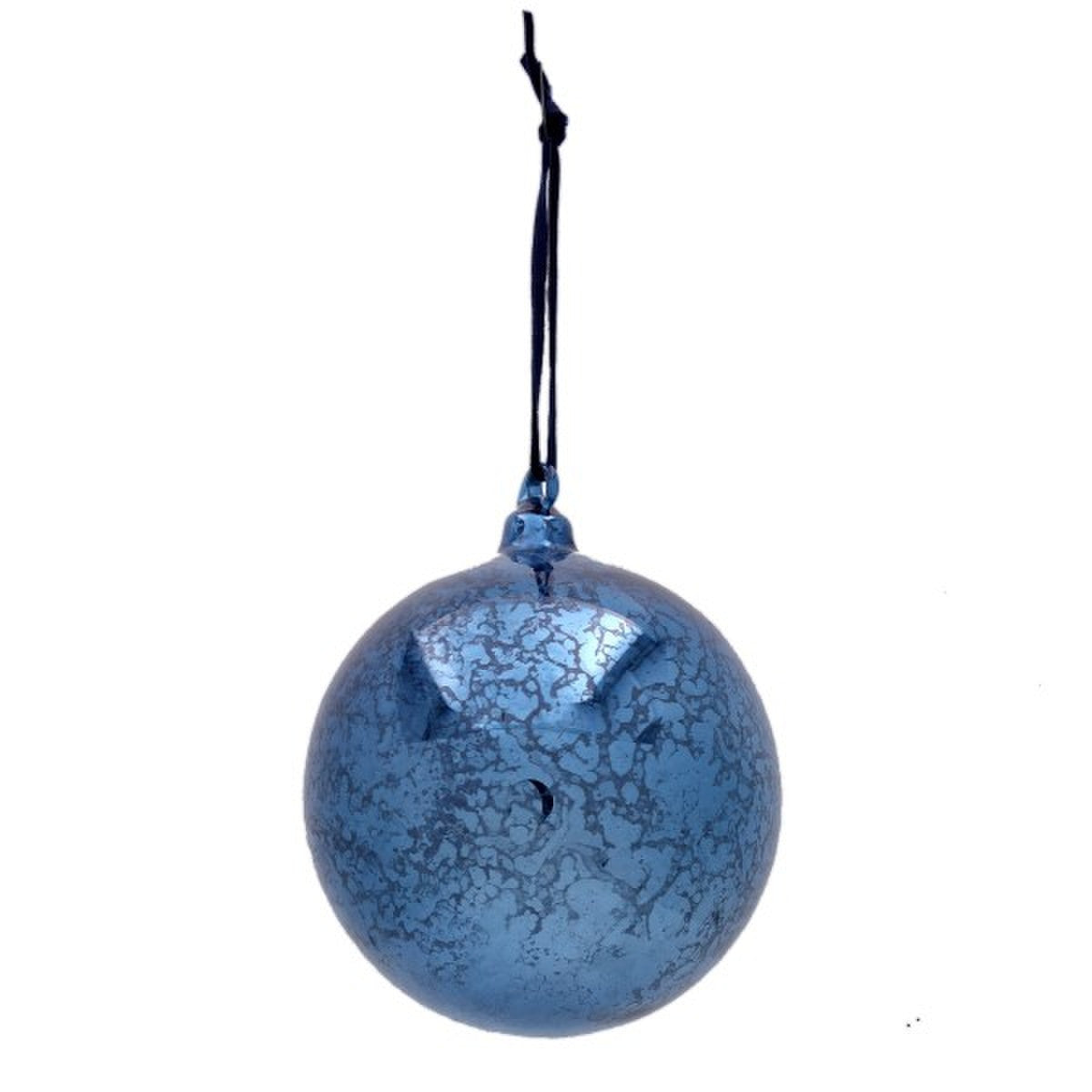 100mm hand-blown classic blue glass ornament with a mottled, crackled texture and hanging ribbon.