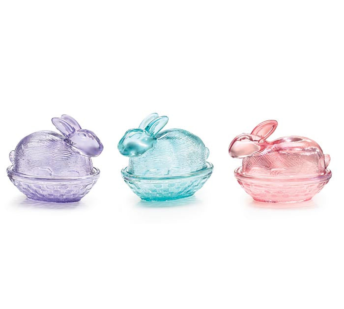 Iridescent glass bunny-shaped candy dish in pastel colors with a smooth silhouette.