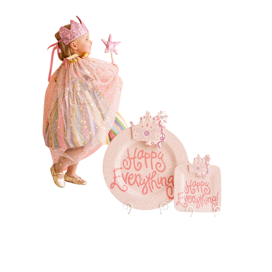 Sparkle Crown Mini Attachment on pink Happy Everything plates next to a girl in a princess costume.