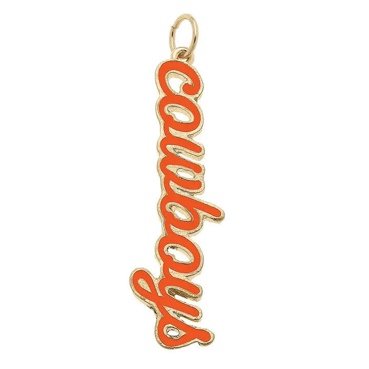 Oklahoma State Cowboys enamel script charm in orange and gold plating.