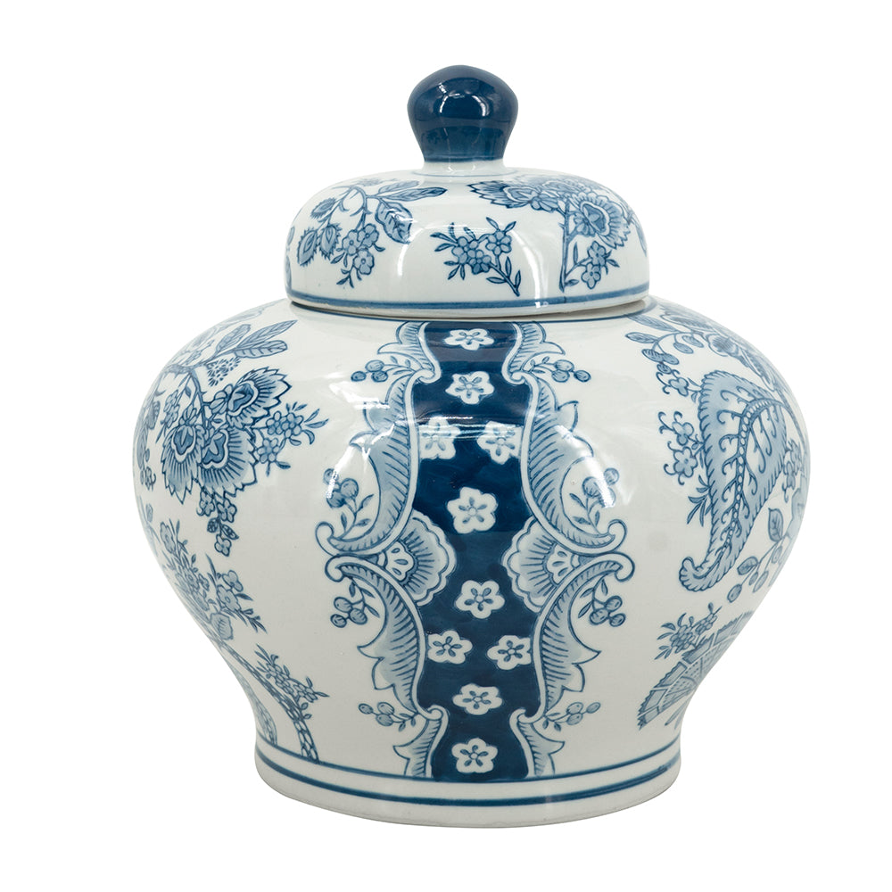 White porcelain lidded jar with a square silhouette measuring nine inches on each side.