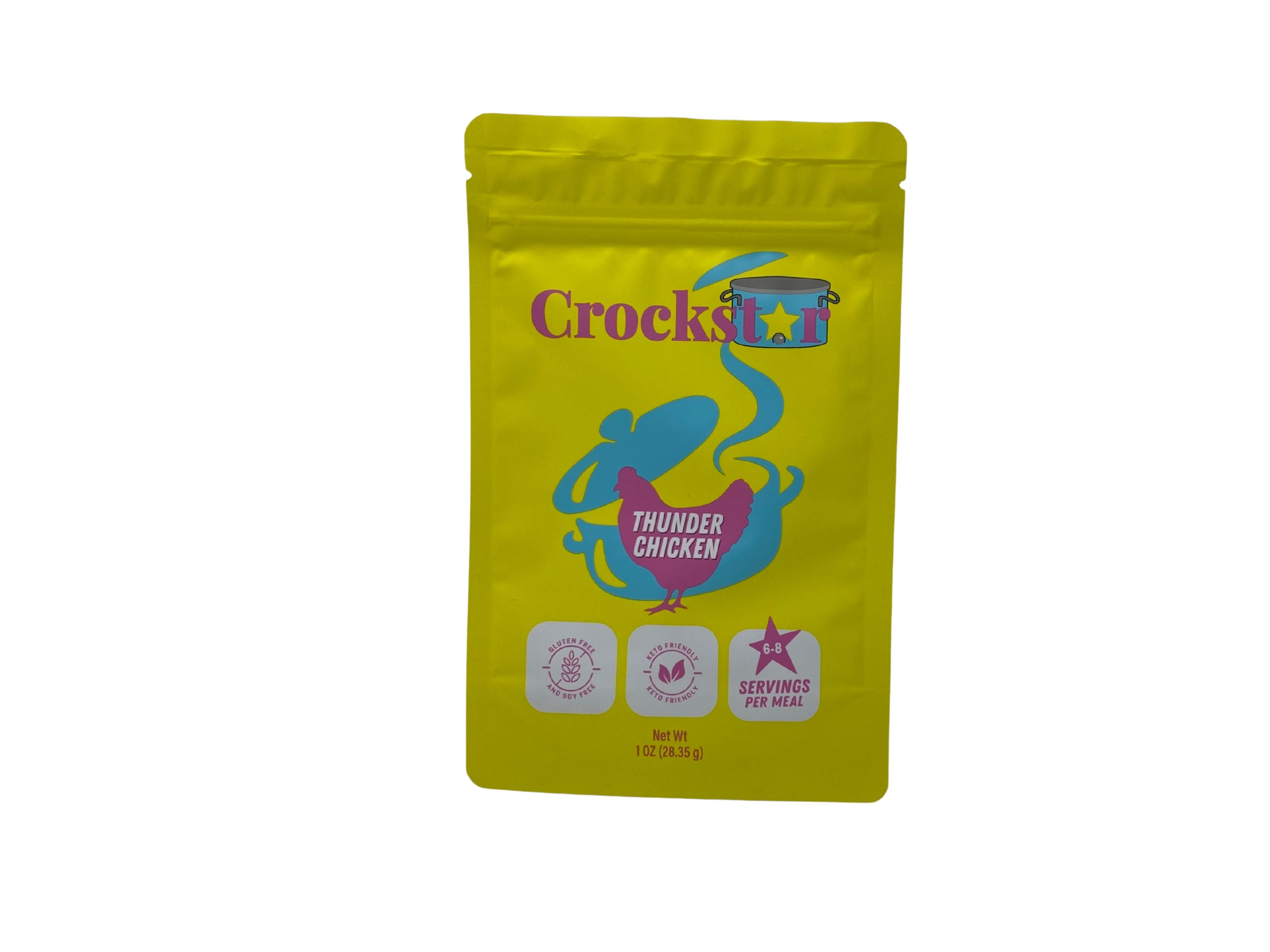 Yellow pouch of Crockstar Thunder Chicken seasoning mix, gluten and soy free, 1 oz.