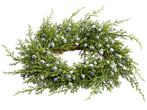 3-inch green plastic juniper candle ring with small blue berries on a natural twig base.