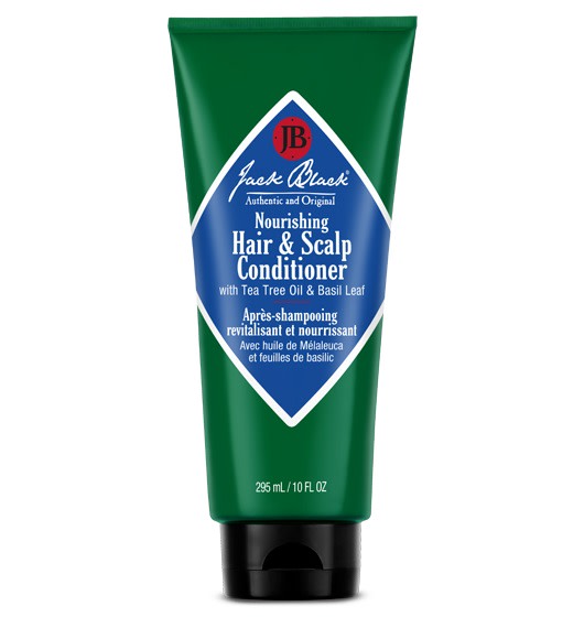 Jack Black Nourishing Hair & Scalp Conditioner with Tea Tree Oil & Basil Leaf in a 10 oz green tube.