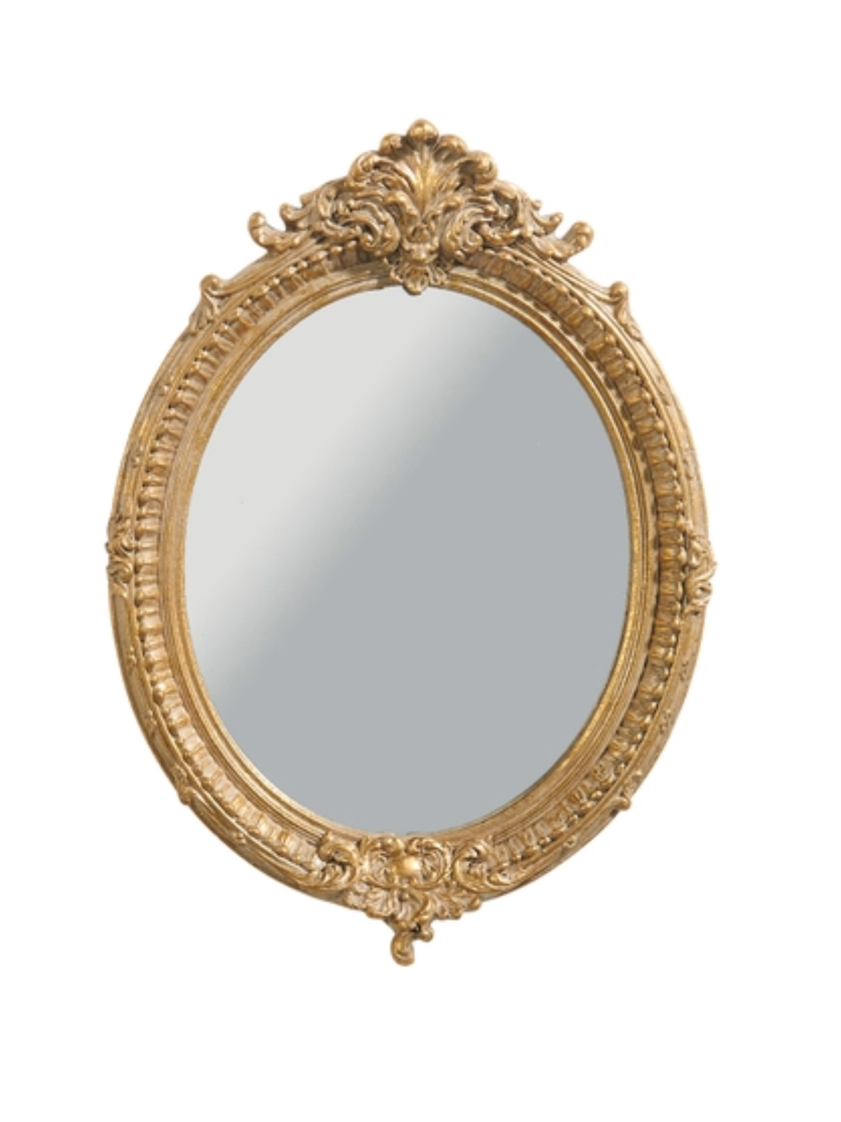 Vintage gold mirror with scrolled lace oval frame made from natural stone powder