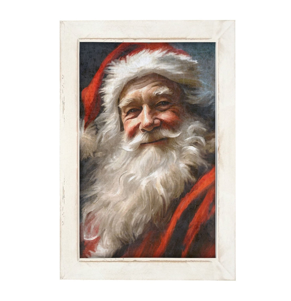 Framed vertical painting of a smiling Santa Claus with a white beard in a rustic white wooden frame.