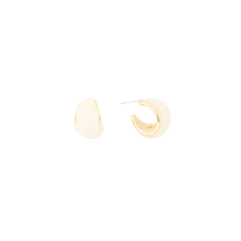 Pair of cream resin hoop earrings with gold-plated brass trim and hypoallergenic posts.
