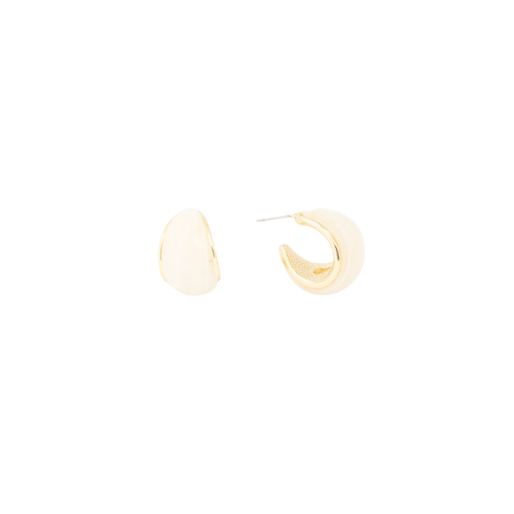 Pair of cream resin hoop earrings with gold-plated brass trim and hypoallergenic posts.