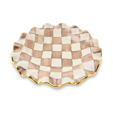 Handmade mocha ceramic dessert plate with gold lustre accents and a check pattern.