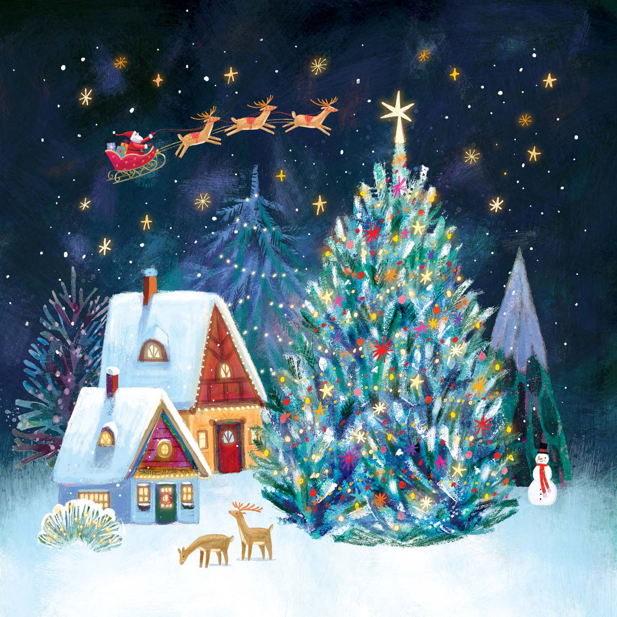 Christmas village scene with Santa in sleigh, decorated tree, snow-covered houses, reindeer, and snowman under a starry night sky.
